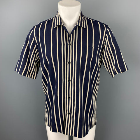 DRIES VAN NOTEN Size S Navy & Cream Vertical Stripe Viscose Blend Button Up Short Sleeve Shirt