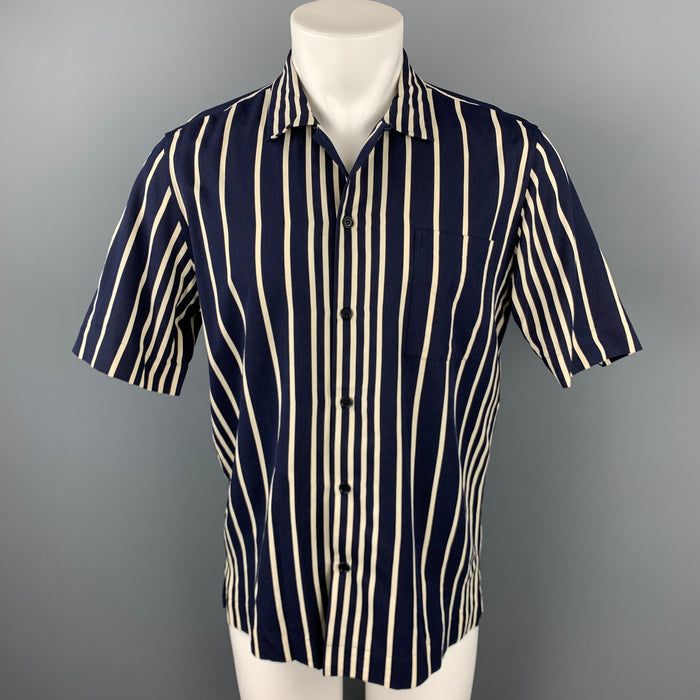 DRIES VAN NOTEN Size S Navy & Cream Vertical Stripe Viscose Blend Button Up Short Sleeve Shirt
