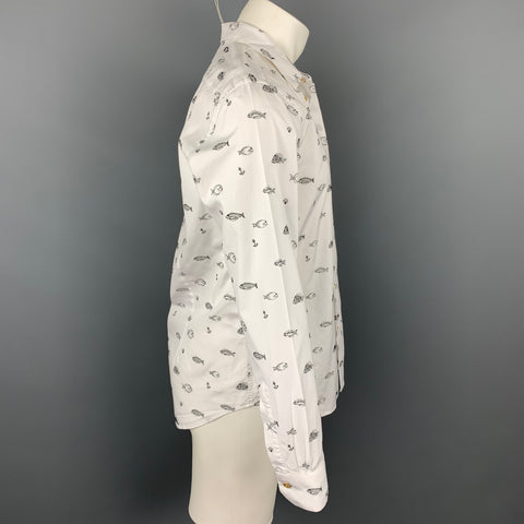 PAUL SMITH Size L White & Black Fish Embroidery Cotton Button Up Long Sleeve Shirt