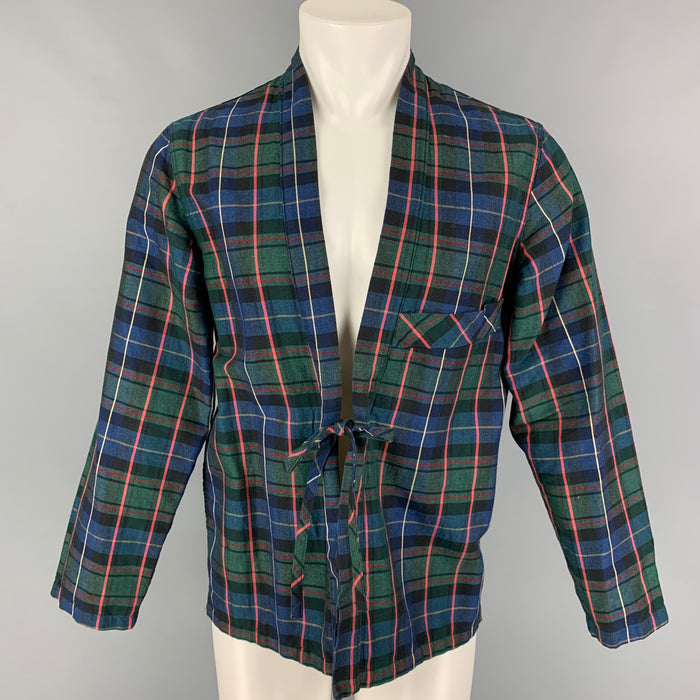 KAPITAL Size M Green Navy Plaid Cotton Linen V-Neck Jacket