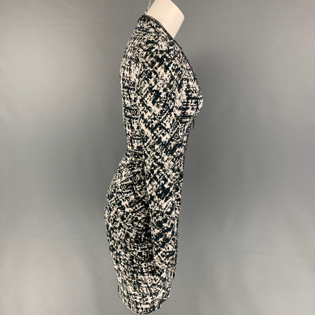 ALEXANDER MCQUEEN Size 2 Dark Green White Viscose Marbled Long Sleeve Dress