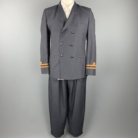 JEAN PAUL GAULTIER Size 40 Navy Pinstripe Linen / Mohair Double Breasted Suit