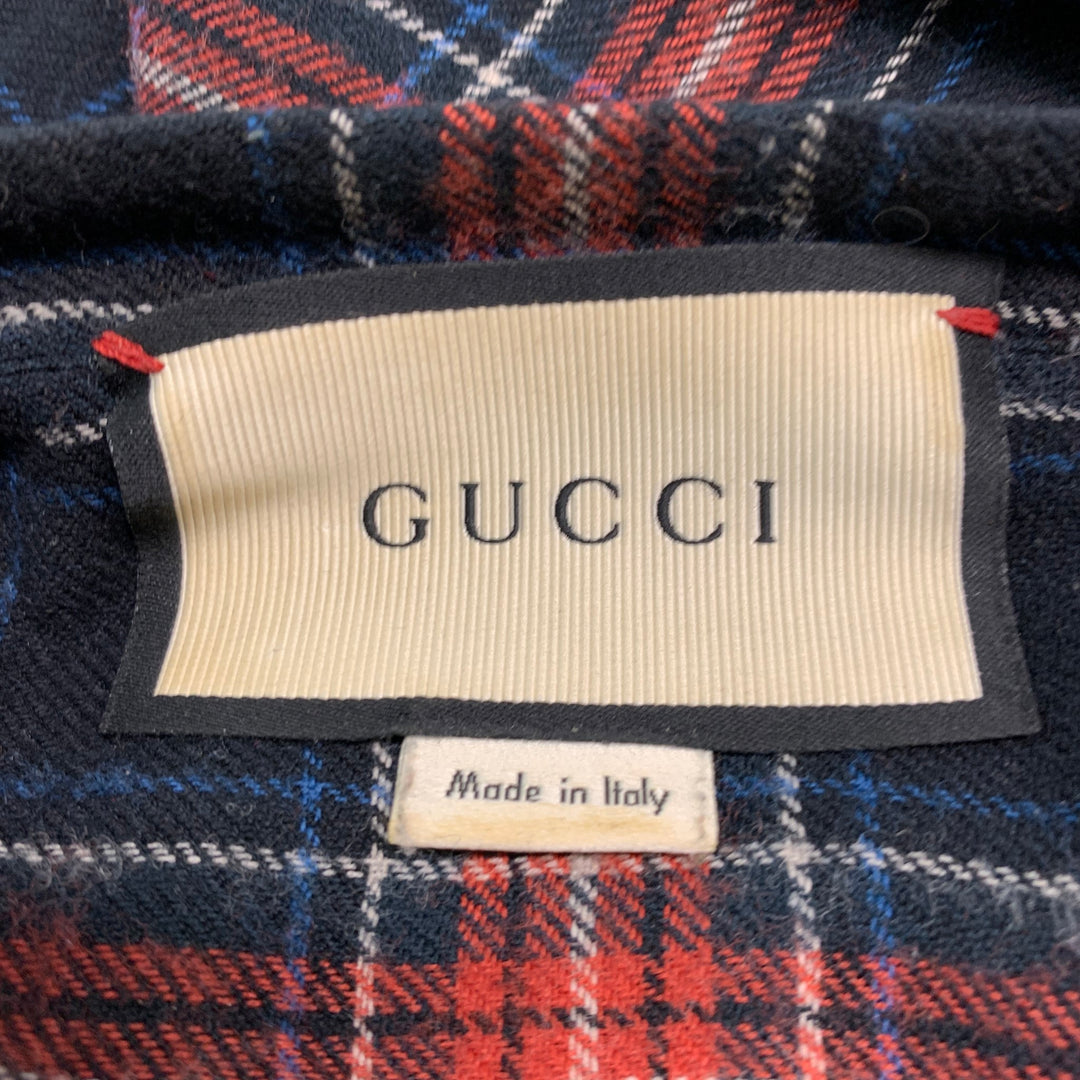 GUCCI Talla M Camisa de manga larga con lazo de algodón a cuadros negro rojo azul