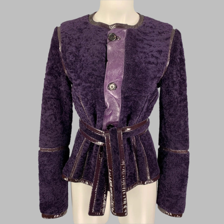 YVES SAINT LAURENT Veste ceinturée réversible en cuir verni violet taille 6