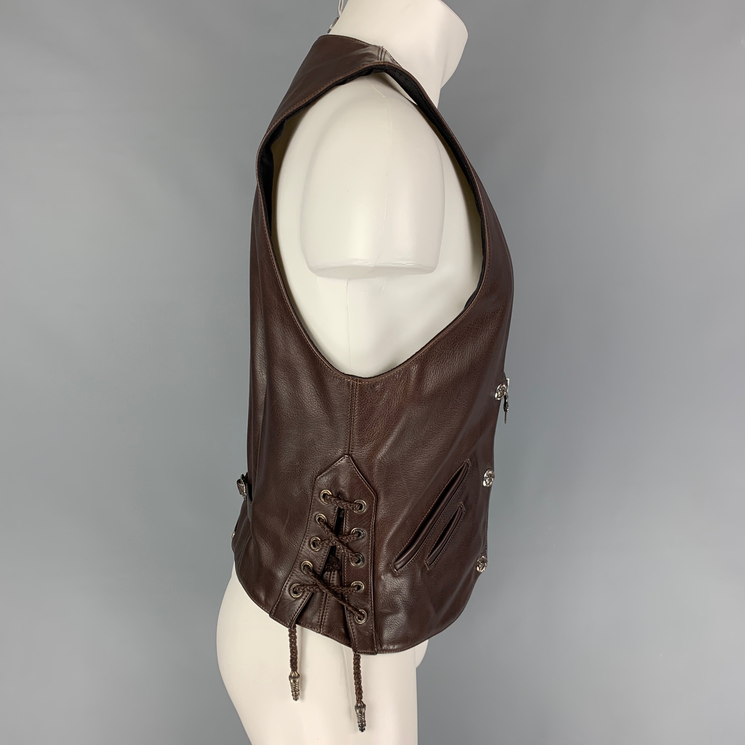 CHROME HEARTS Size L Brown Leather Dagger Zip Up Vest Sui