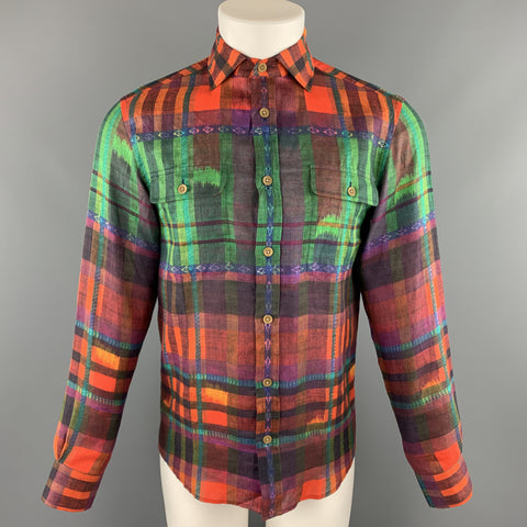 RALPH LAUREN Taille S Chemise à col tartan en lin à carreaux multicolore
