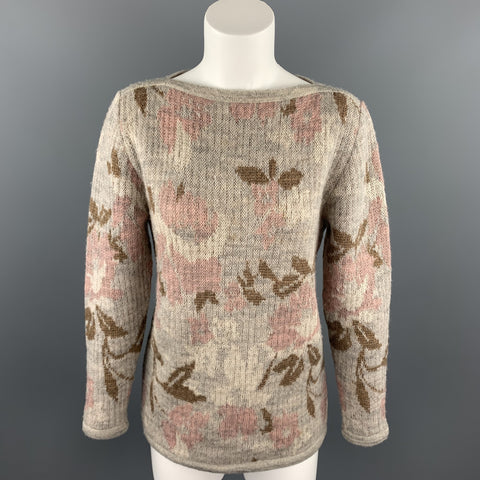 KENZO Size S Grey Knitted Floral Wool Boat Neck Sweater
