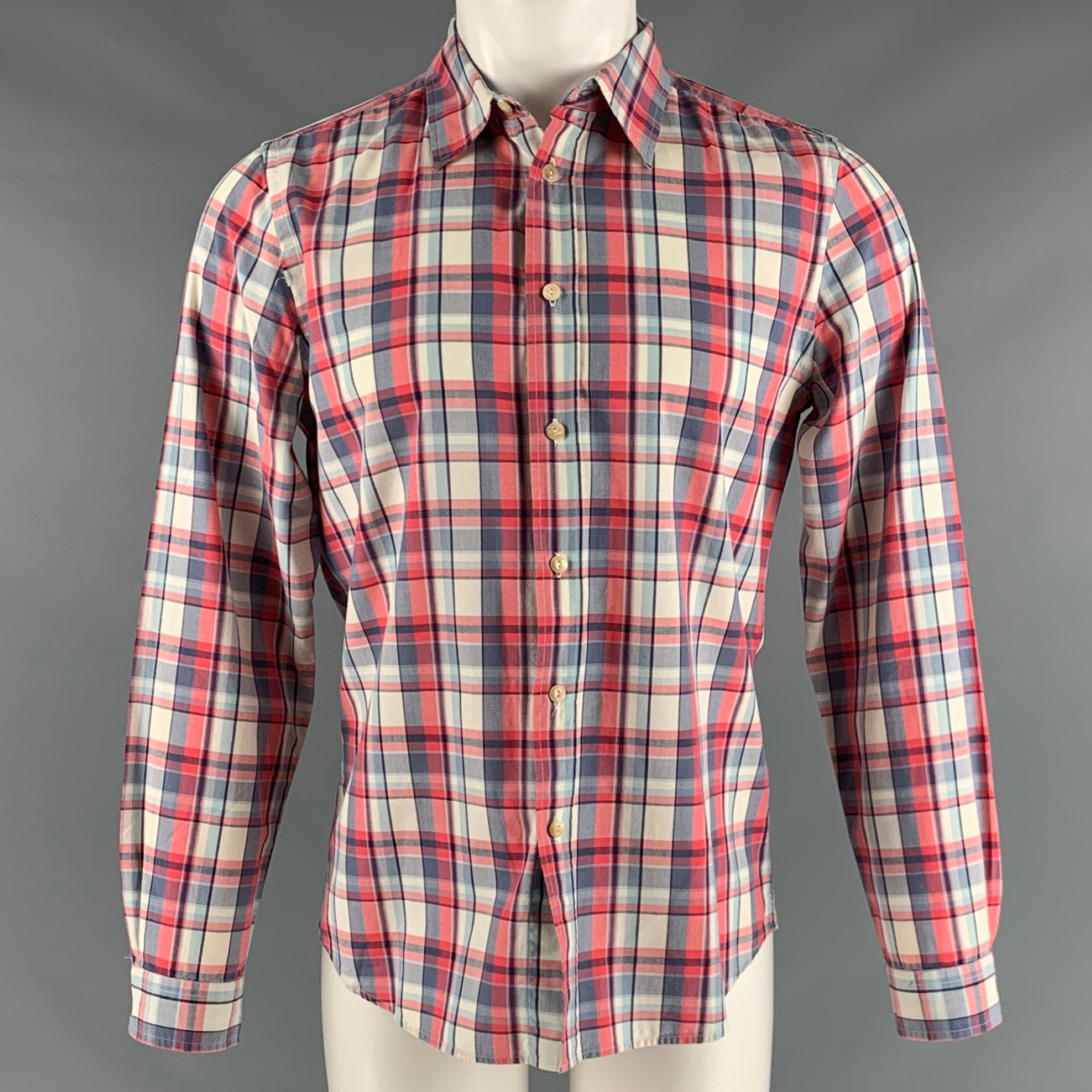 PAUL SMITH Size M White Red Blue Plaid Cotton Blend Long Sleeve