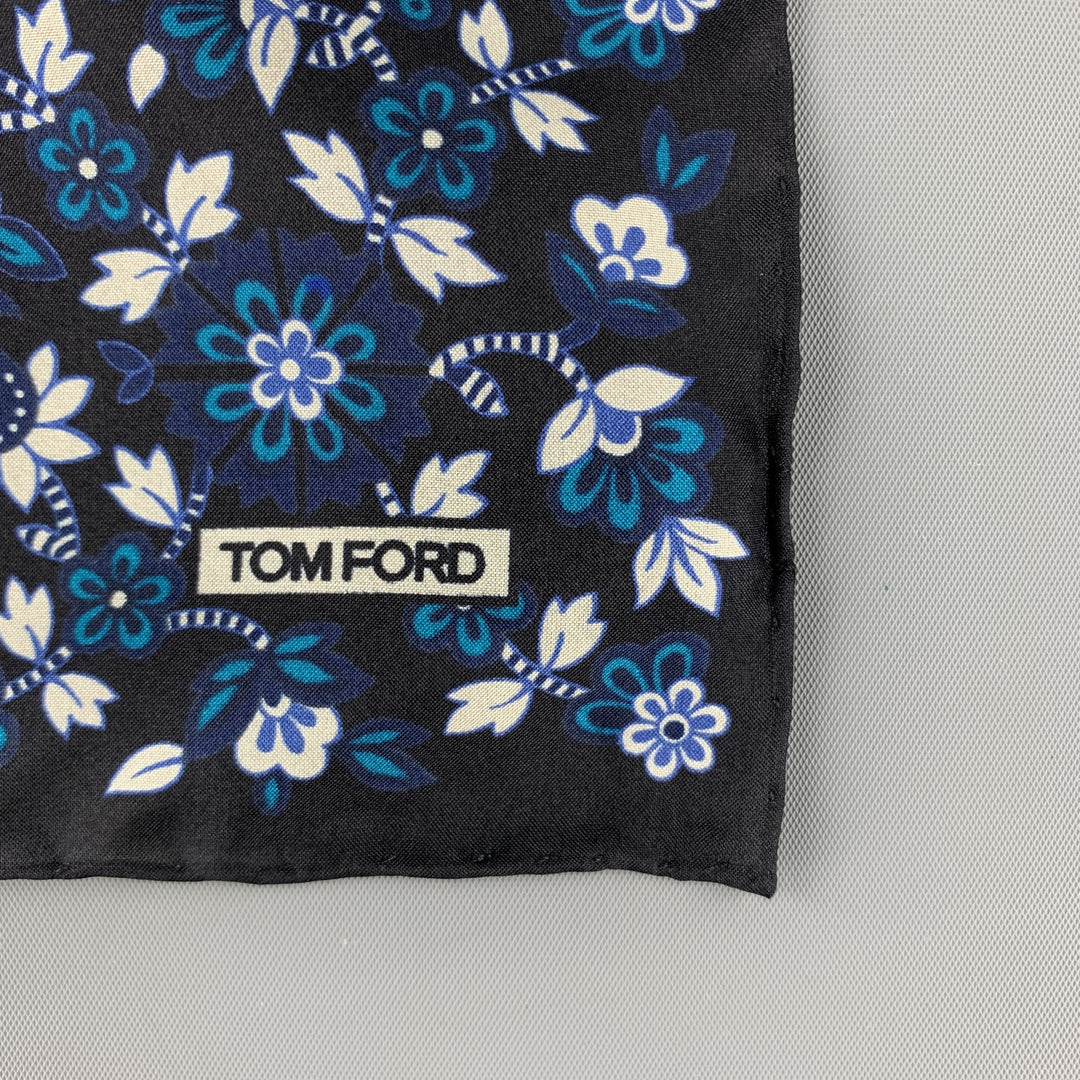 TOM FORD Pochette de costume en soie florale noire et bleu sarcelle