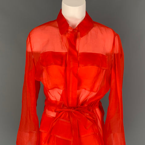 RALPH LAUREN Etiqueta morada Talla S Chaqueta ligera de seda transparente con cinturón roja