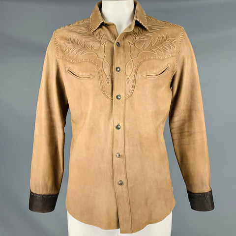 RALPH LAUREN Size L Tan Brown Embroidery Leather Western Long Sleeve Shirt