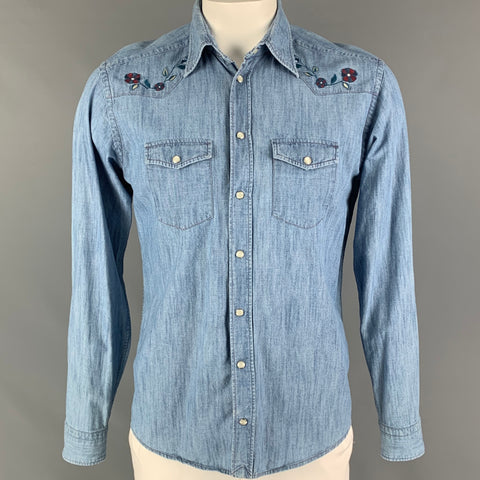 ETON Taille L Chemise à manches longues en coton brodé bleu clair