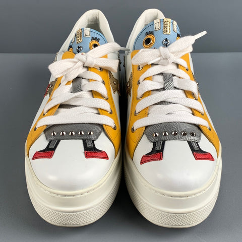 PRADA Size 10 White Multi-Color Leather Aplique Low Top Sneakers