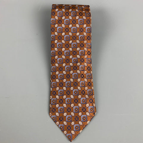 ERMENEGILDO ZEGNA Brown Navy Abstract Floral Silk Jacquard Tie