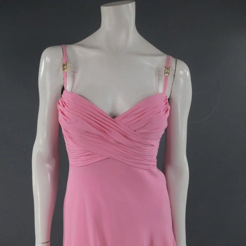 ESCADA COUTURE Size 8 Pink Silk Pleated Bust Gold Charm Strap Evening Gown ESCADA
