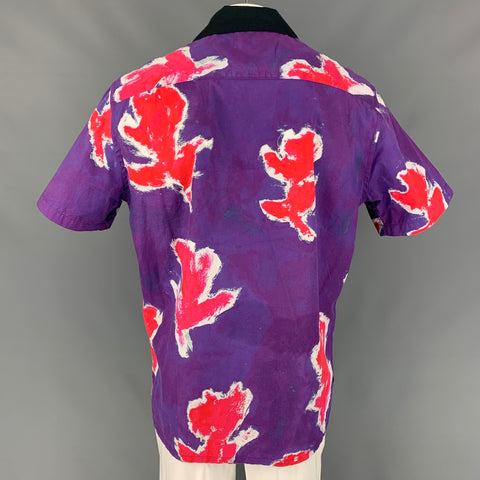PRABAL GURUNG Size M Purple & Red Abstract Floral Cotton Short Sleeve Shirt