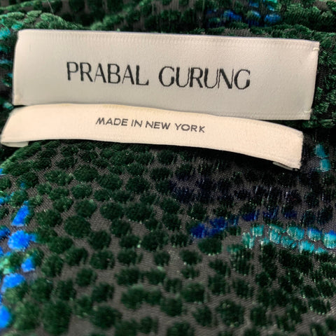 PRABAL GURUNG Size 0 Green Black Viscose  Silk Abstract floral V-Neck Dress Top