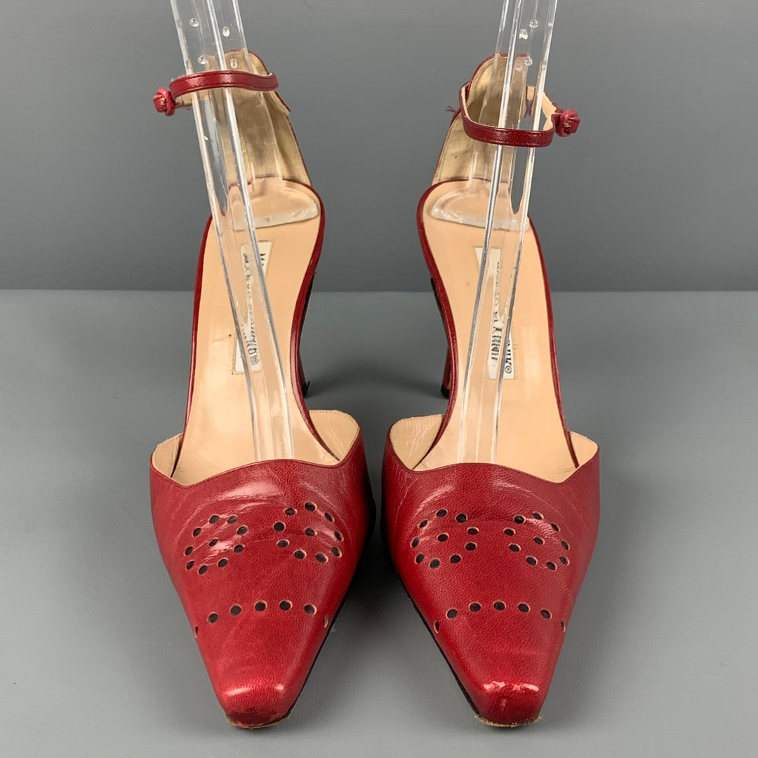 MANOLO BLAHNIK Size 6.5 Red Leather Perforated Ankle Strap Pumps