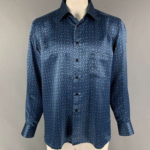 STEFANO RICCI Size XL Charcoal Blue Abstract Silk Long Sleeve Shirt