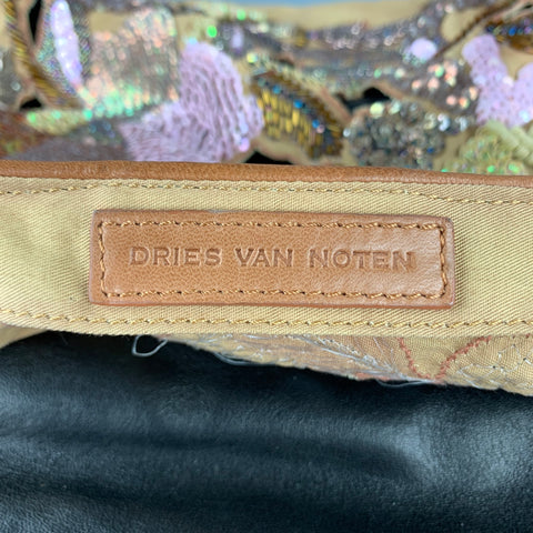 DRIES VAN NOTEN Tan Embroidered Detachable Black Leather Shoulder Combo Handbag-Clutch
