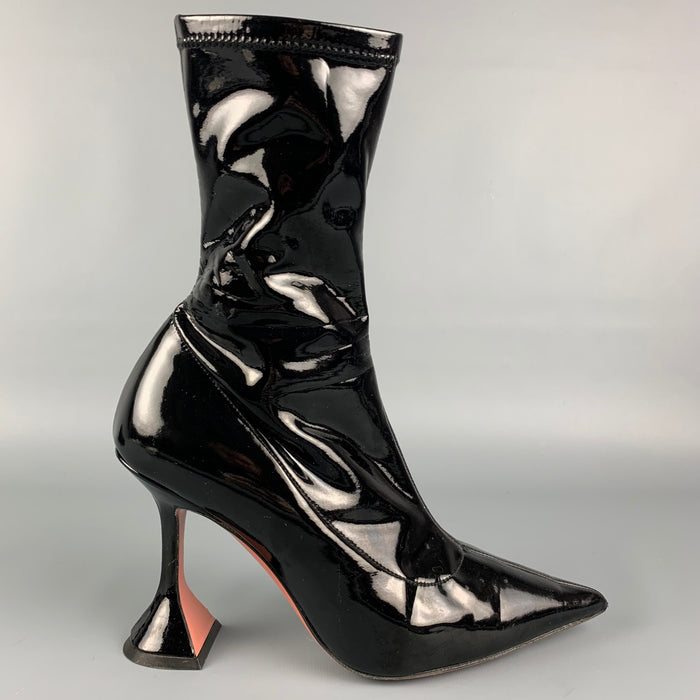 AMINA MUADDI Size 7 Black Patent Leather Pointed Toe Boots
