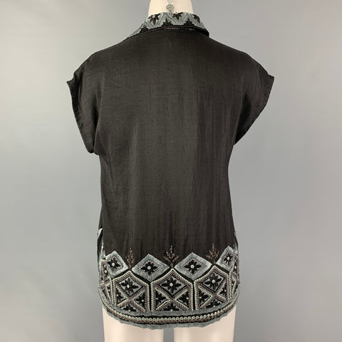 DRIES VAN NOTEN Size 4 Black & Blue Silk Embroidered Sleeveless Dress Top