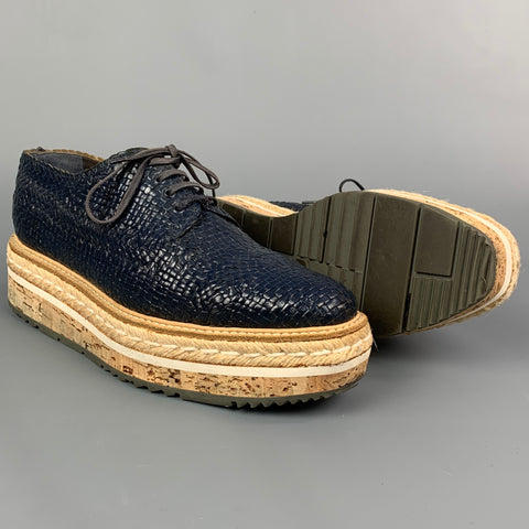 PRADA Size 10 Navy Woven Leather Cork Platform Dress Shoes