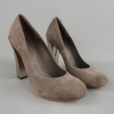 BRIAN ATWOOD Size 7.5 Taupe Suede Metal Chunky Heel Pumps