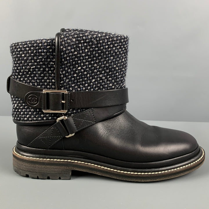 CHANEL Taille 7,5 Bottes à enfiler en tweed gris noir avec matériaux mélangés