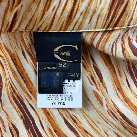 JUST CAVALLI Size L Gold & Brown Print Silk Button Up Long Sleeve Shirt