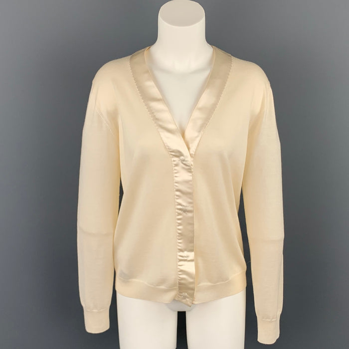 PRADA Size 8 Cream Knitted Wool / Silk Elbow Patches Snap Button Cardigan