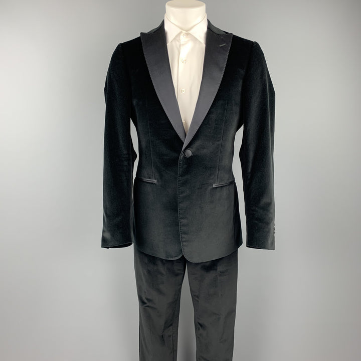 Z ZEGNA Size 40 Regular Black Cotton Velvet Peak Lapel Tuxedo Suit