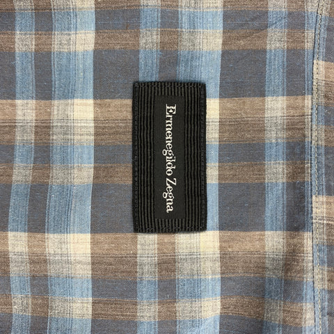 ERMENEGILDO ZEGNA Size XL Blue & Taupe Plaid Cotton Button Down Long Sleeve Shirt