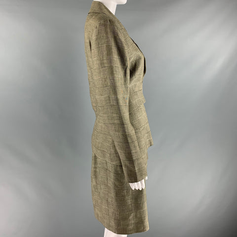 HERMES Size 10 Brown Beige Linen Plaid Single Breasted Skirt Suit
