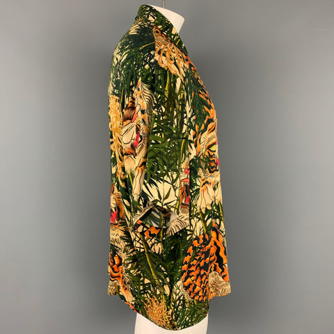 DSQUARED2 Size L Olive & Orange Tiger Print Viscose Zip Up Long Sleeve Shirt