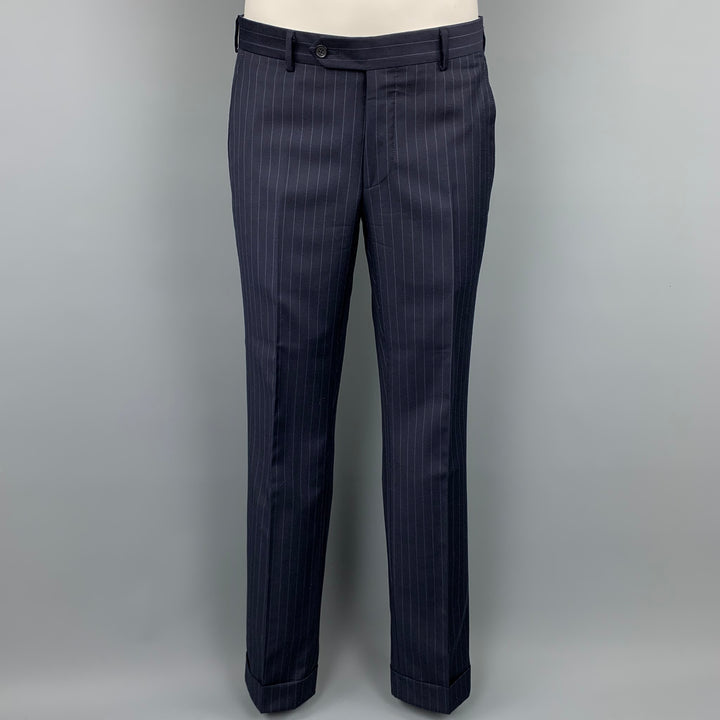 SAMUELSOHN Size 38 Navy Stripe Wool Notch Lapel Custom Suit