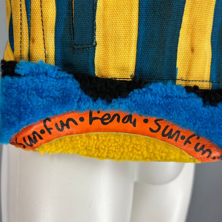 FENDI x JOHN BOOTH Size 40 Yellow Blue Stripe Cotton Lamb Fur Denim Jacket