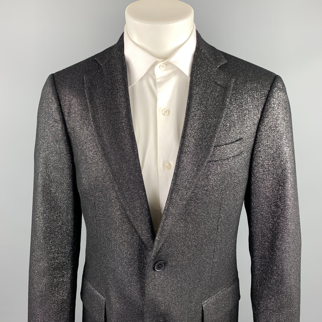 MICHAEL KORS Size 40 Regular Black & Silver Metallic Wool Blend Sport Coat