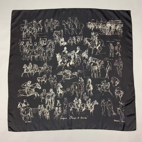 HERMES Champs de Courses by Hubert de Watrigant 2007 Black & White Equestrian Silk Scarf