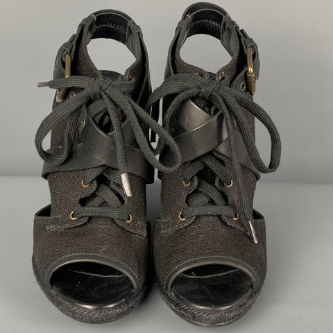 PIERRE HARDY Size 10 Black Canvas Leather Espadrille Wedge Sandals