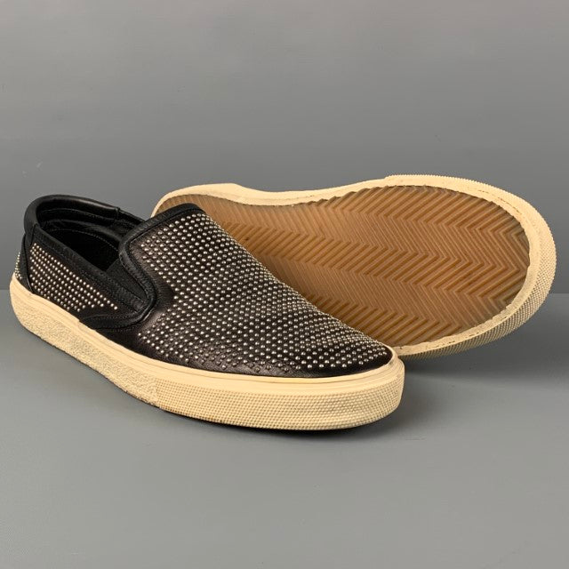SAINT LAURENT Size 10.5 Black Studded Leather Slip On Silver