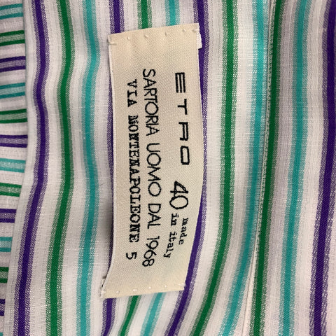 ETRO Size M White Green Purple Stripe Cotton Linen Long Sleeve Shirt