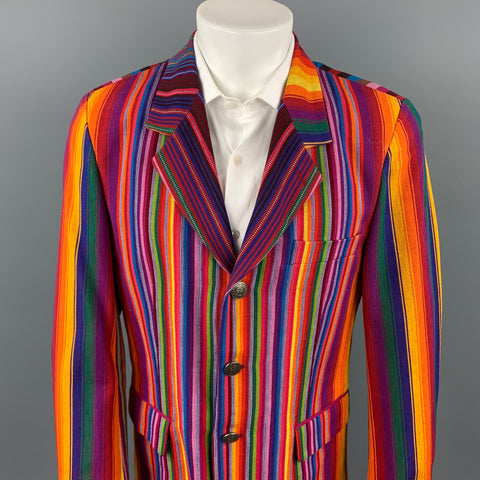 AGNES B. Size 40 Multi-Color Stripe Cotton Notch Lapel Sport Coat