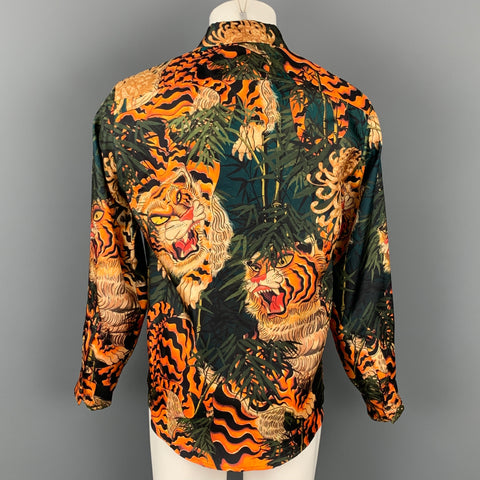 DSQUARED2 Size S Green & Orange Print Silk Button Up Long Sleeve Shirt