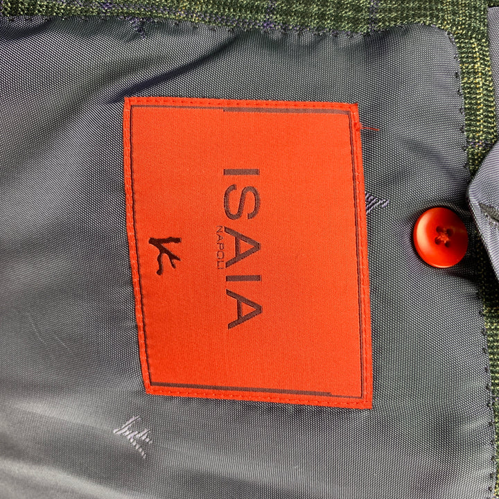 ISAIA Size 46 Charcoal & Purple Plaid Wool / Cashmere Notch Lapel Sport Coat