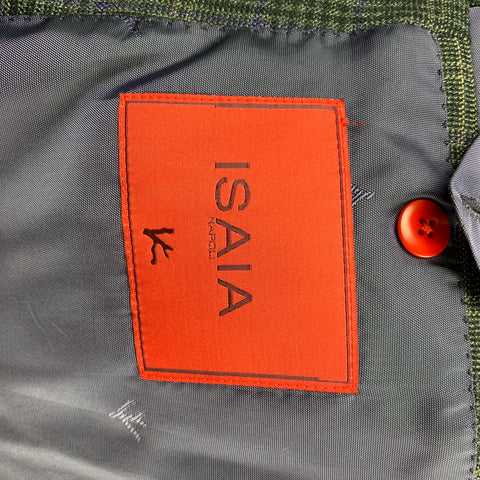 ISAIA Size 46 Charcoal & Purple Plaid Wool / Cashmere Notch Lapel Sport Coat