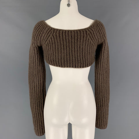 FENDI Size 2 Taupe Mohair Silk Knitted Off The Shoulder Cropped Top