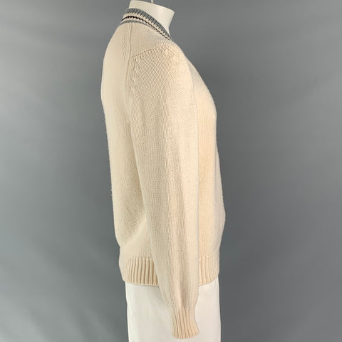 Z ZEGNA Size L Cream & Grey Stripe Knitted Wool V-Neck Heritage Sweater