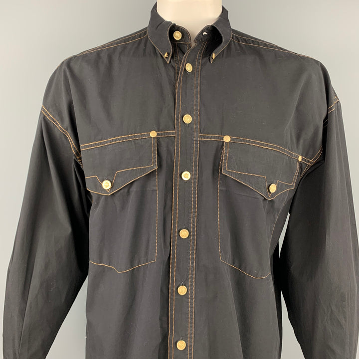 Vintage VERSACE JEANS COUTURE Size M Black Contrast Stitch Cotton Long Sleeve Shirt