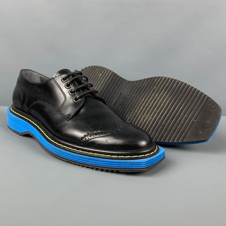 VIKTOR & ROLF Size 10 Black Blue Perforated Leather Wingtip Lace Up Shoes